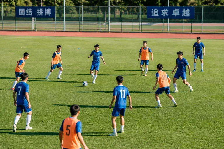 青年球员在场上观察跑位并与队友完成短传配合