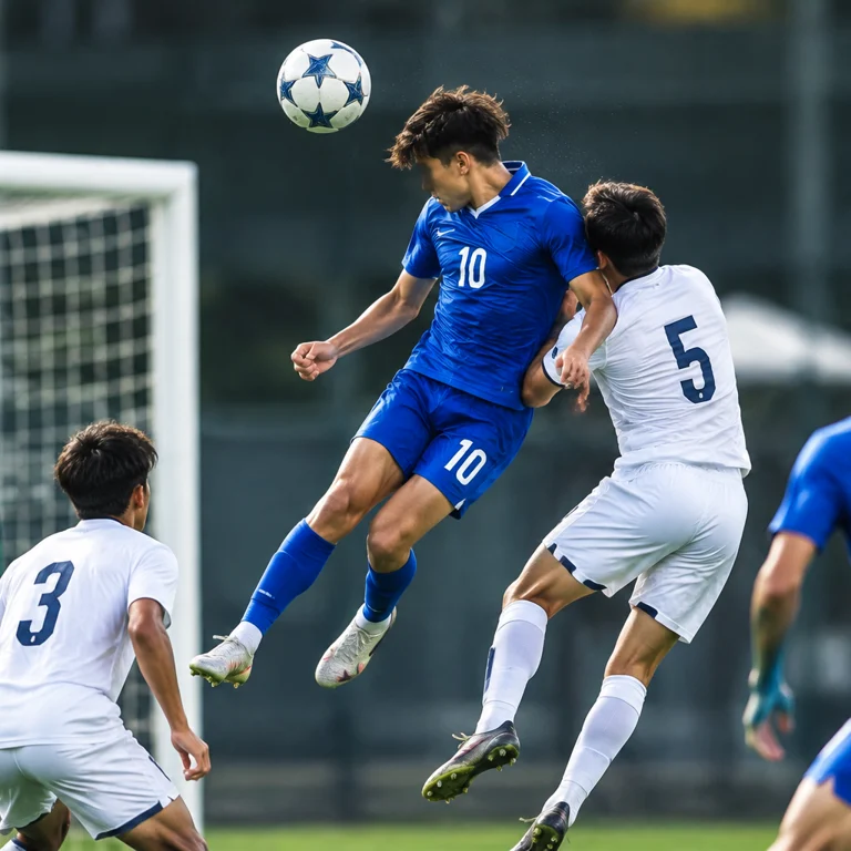 U16国足球员在比赛中争顶头球的场景