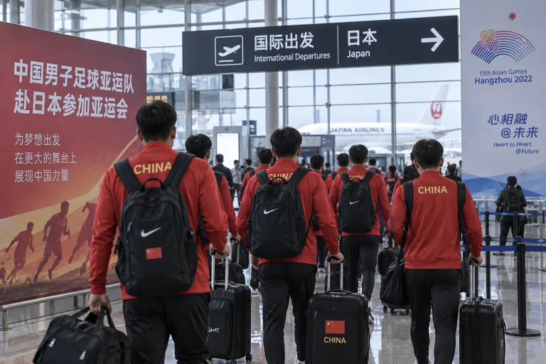 中国男子足球亚运队出发前的体育新闻纪实画面